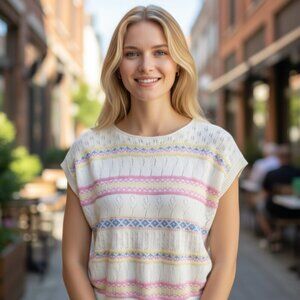 Vintage 80's White/Pastel Stripe Pointelle Cotton Sweater Size XL CottageCore